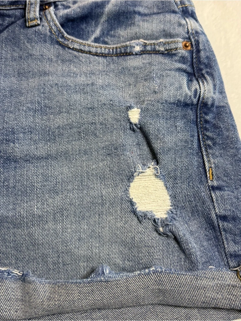 Old Navy Medium Blue Distressed Rolled-Hem Jean Shorts